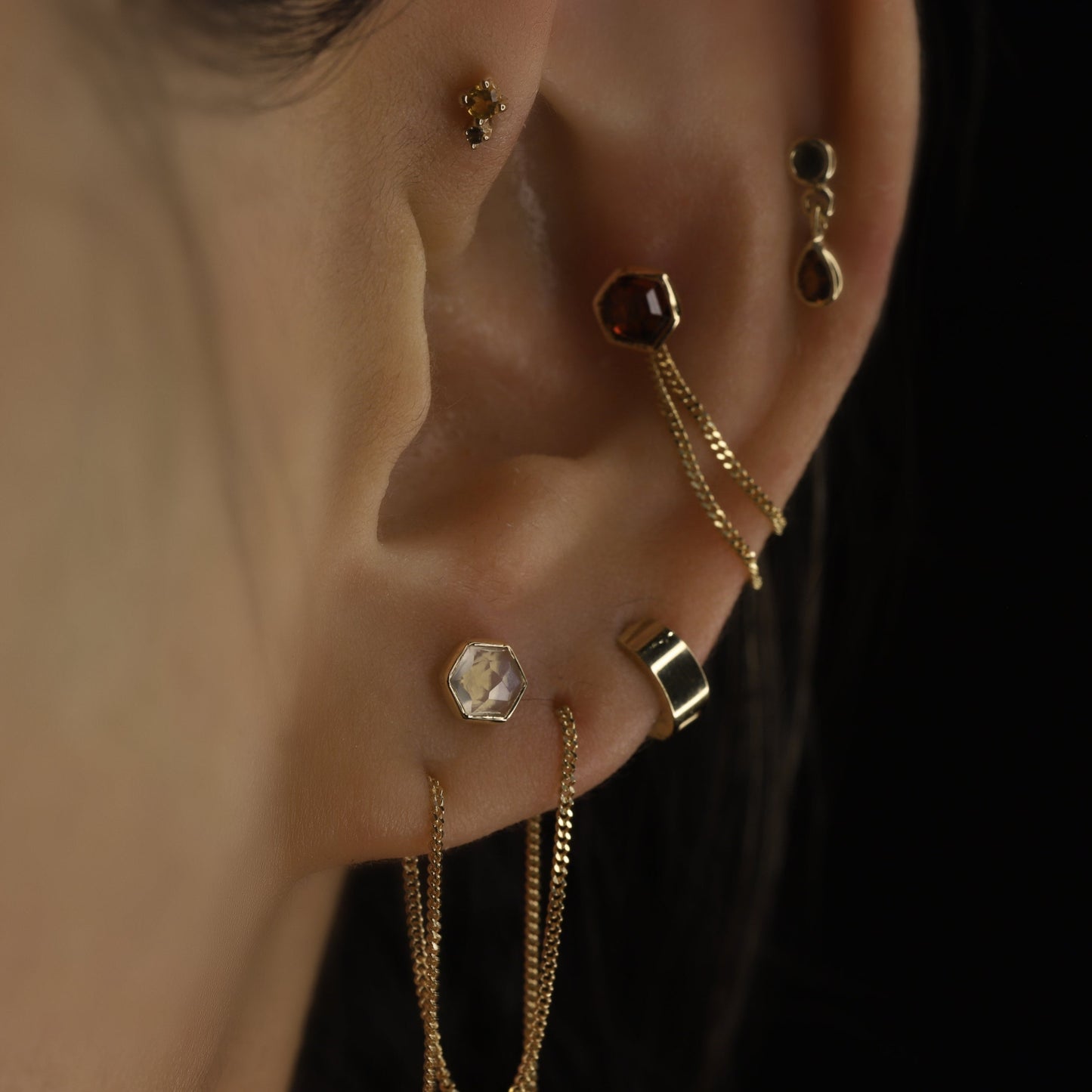 Aria • 14K Gold Honeycomb Gemstone Threadless Ends • Grey Moonstone - BEATTI
