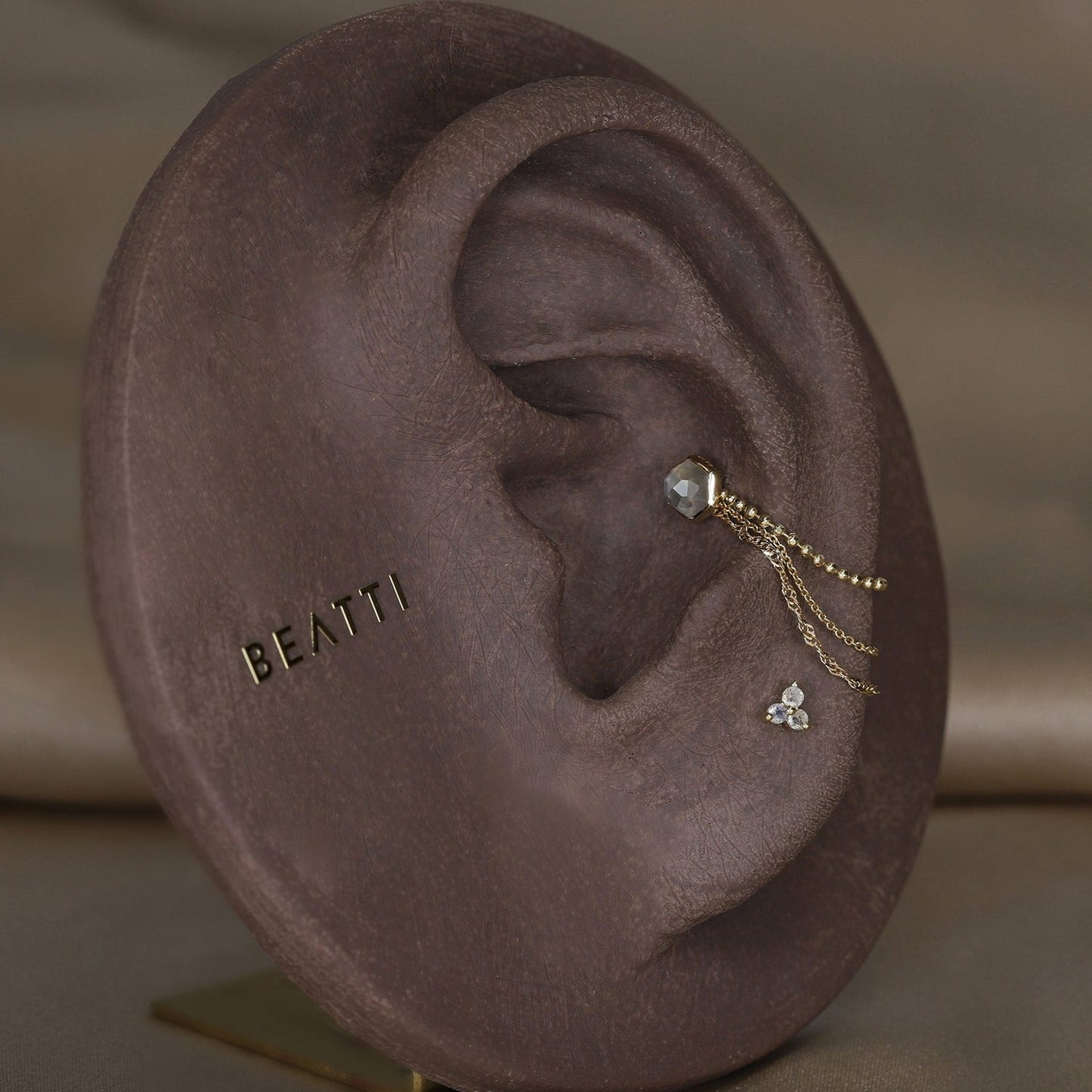 Aria • 14K Gold Honeycomb Gemstone Threadless Ends • Grey Moonstone - BEATTI