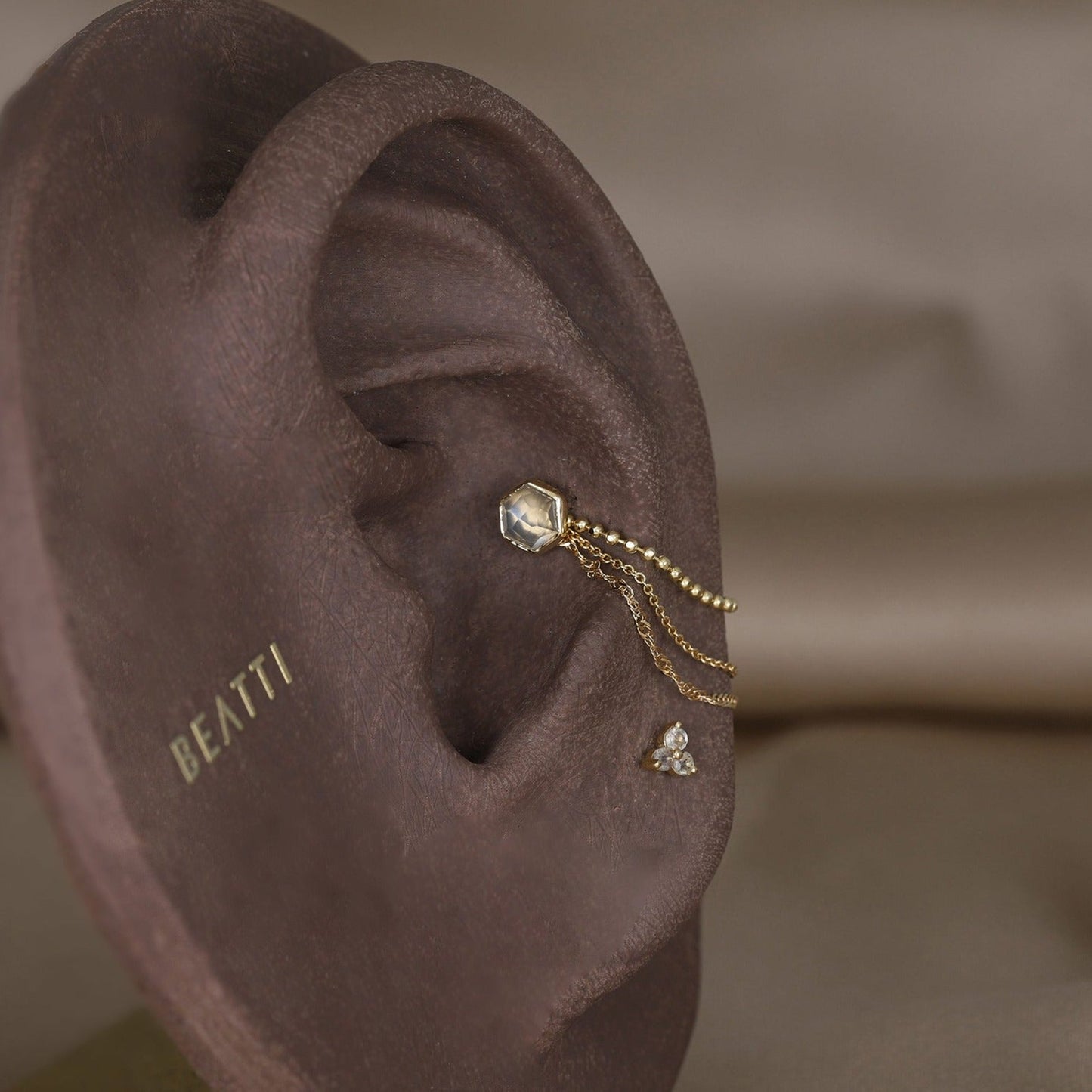 Aria • 14K Gold Honeycomb Gemstone Threadless Ends • Grey Moonstone - BEATTI
