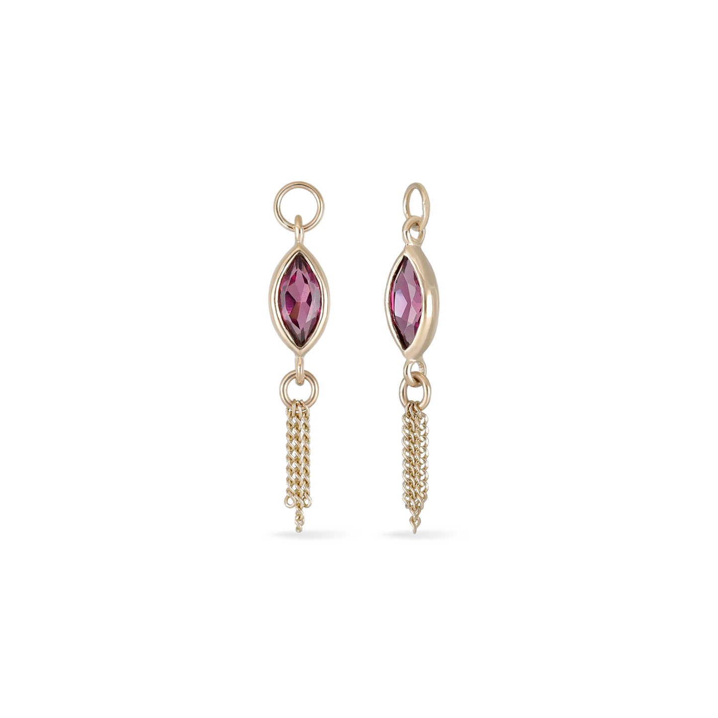 14K gold charm of a marquise-cut Rhodolite Garnet paired with three delicate gold curb chain tassels