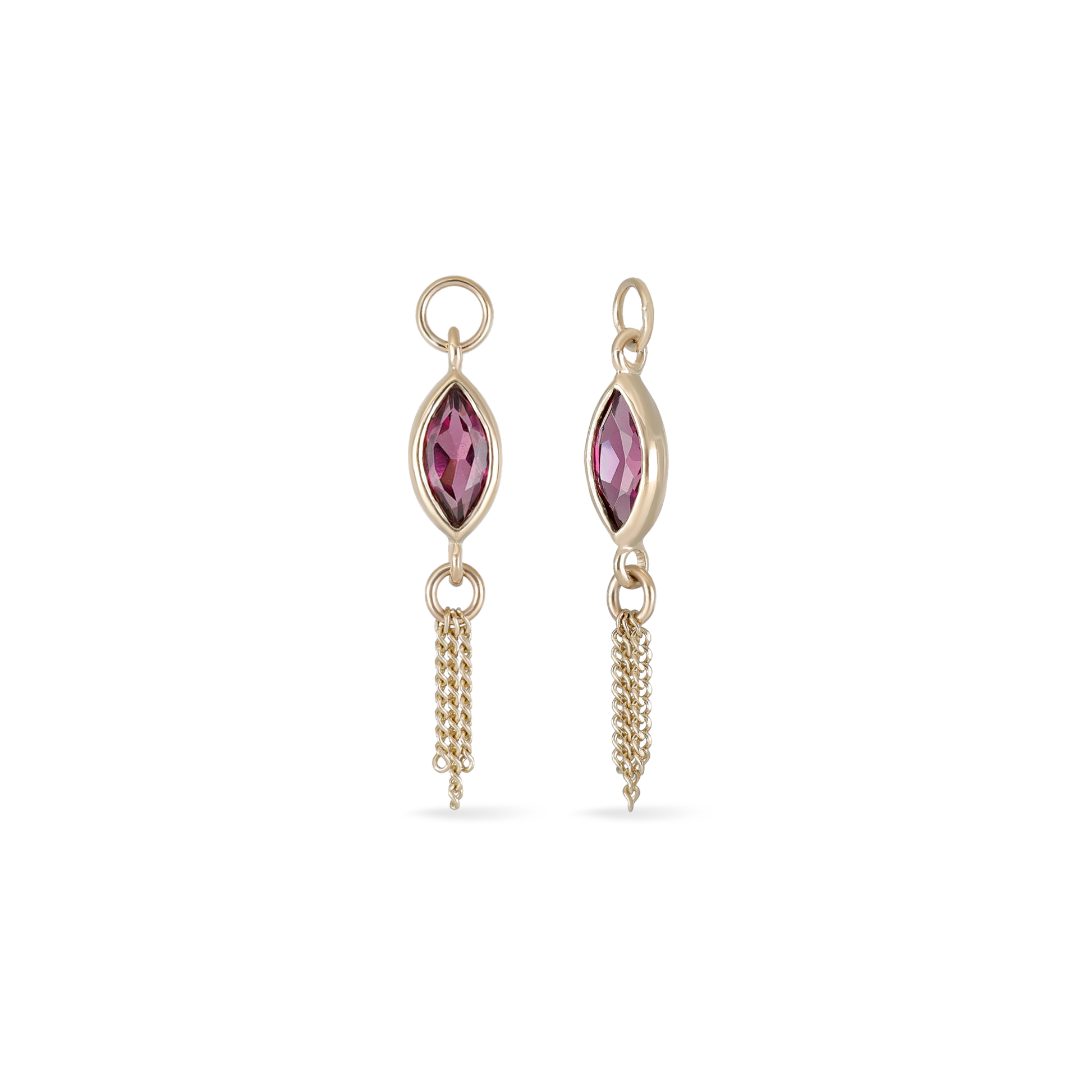 14K gold charm of a marquise-cut Rhodolite Garnet paired with three delicate gold curb chain tassels