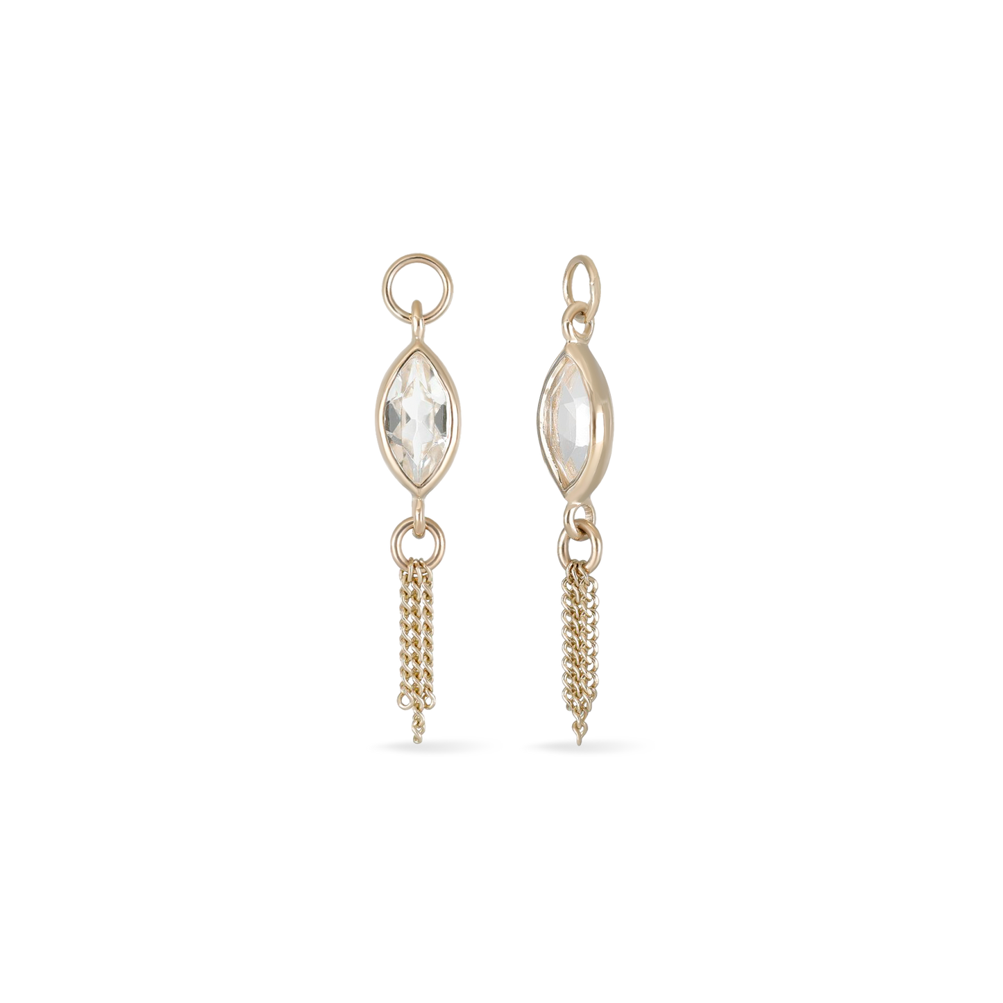 14K gold charm of a marquise-cut white topaz paired with three delicate gold curb chain tassels