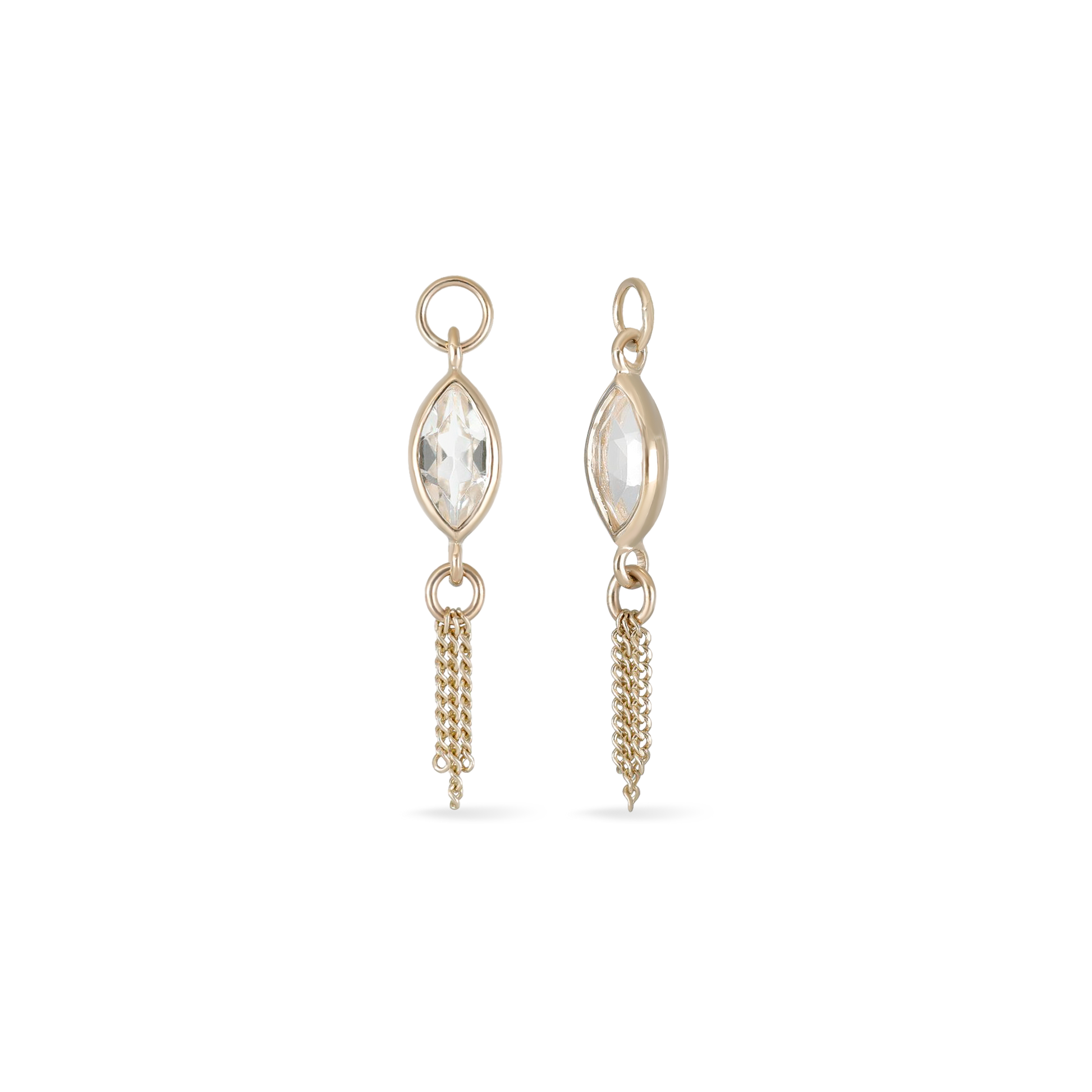 14K gold charm of a marquise-cut white topaz paired with three delicate gold curb chain tassels