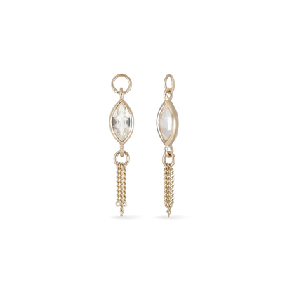 14K gold charm of a marquise-cut white topaz paired with three delicate gold curb chain tassels