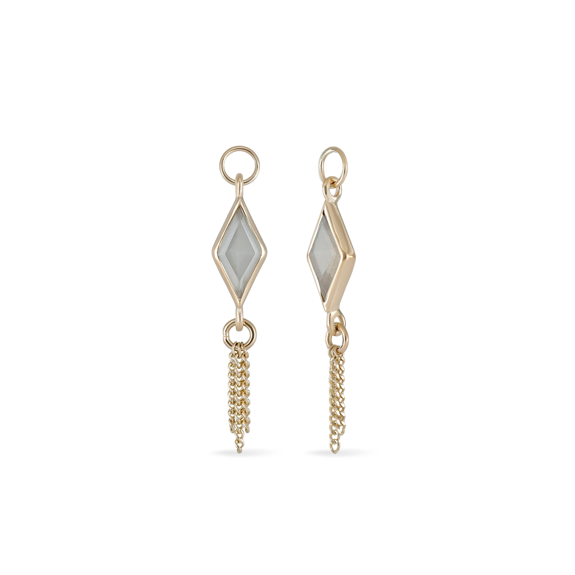 14K gold charm of a kite a Rhombus-cut Grey Moonstone paired with three delicate gold curb chain tassels