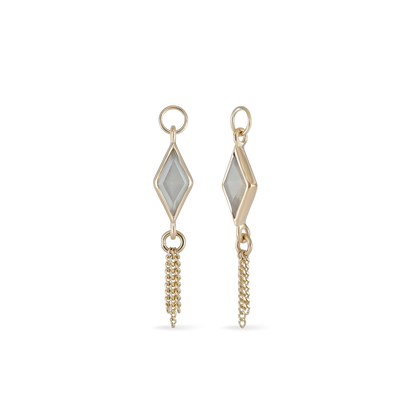 14K gold charm of a kite a Rhombus-cut Grey Moonstone paired with three delicate gold curb chain tassels