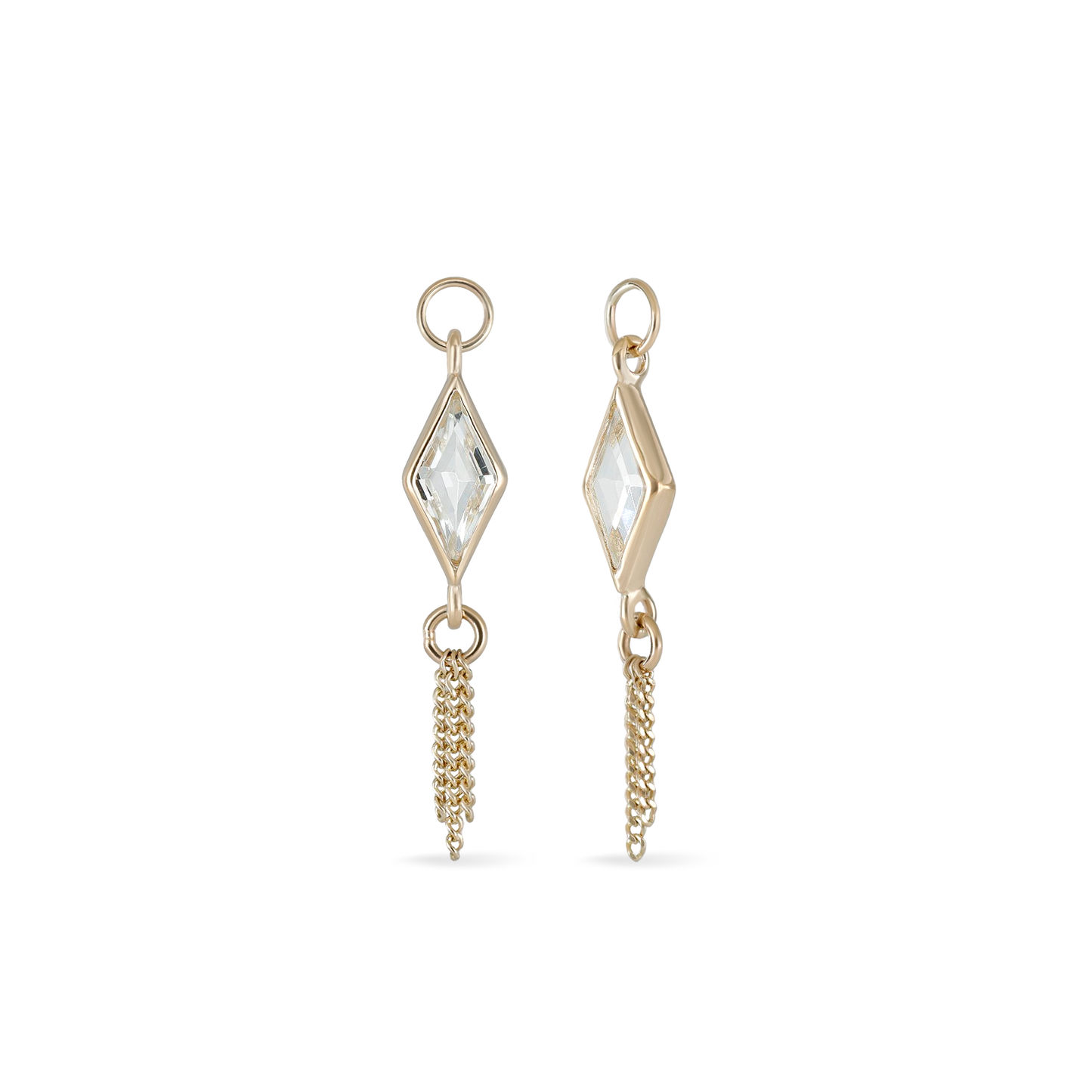 14K gold charm of a kite a Rhombus-cut White Topaz paired with three delicate gold curb chain tassels