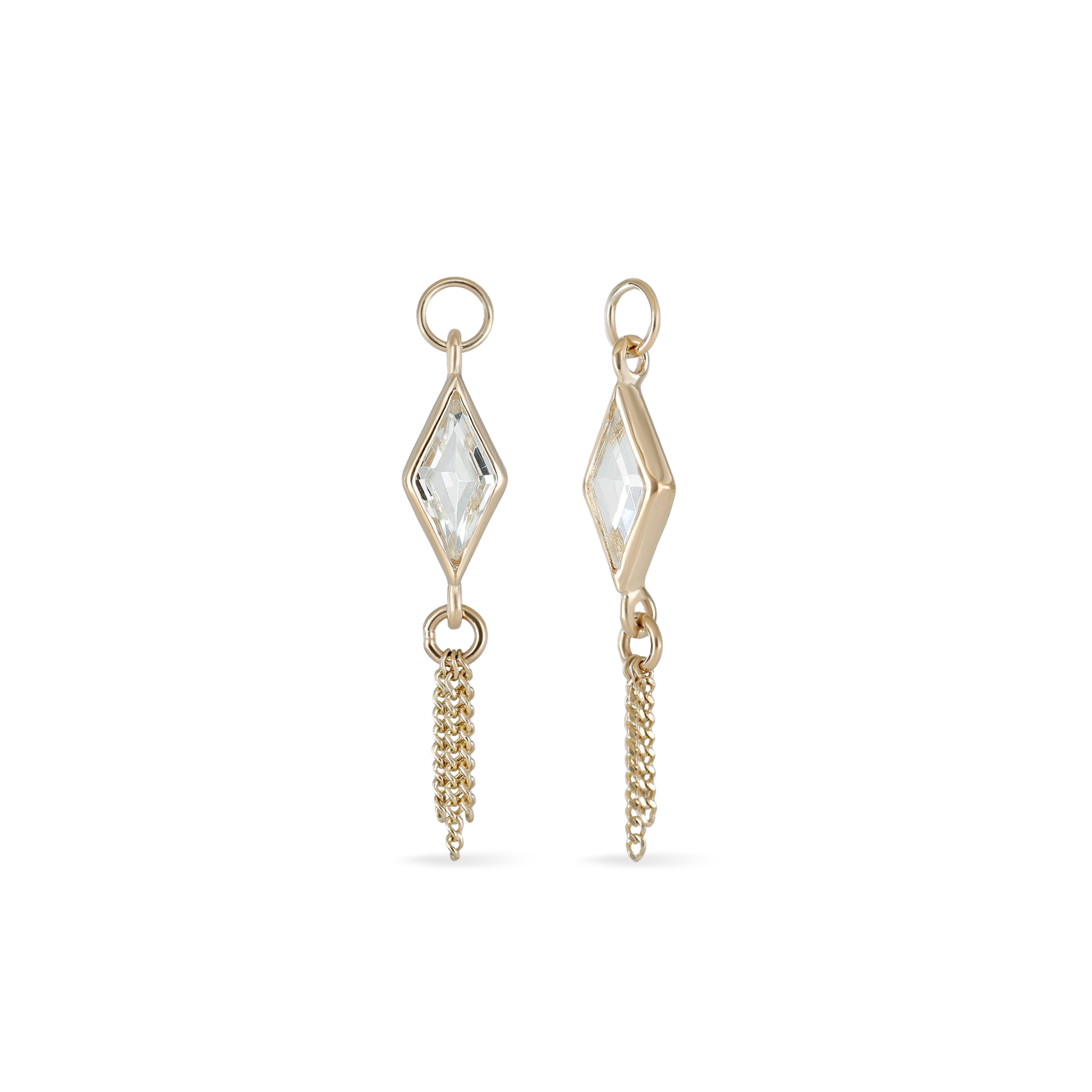 14K gold charm of a kite a Rhombus-cut White Topaz paired with three delicate gold curb chain tassels