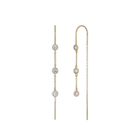 14K Gold Bezel CZ Threader Earrings