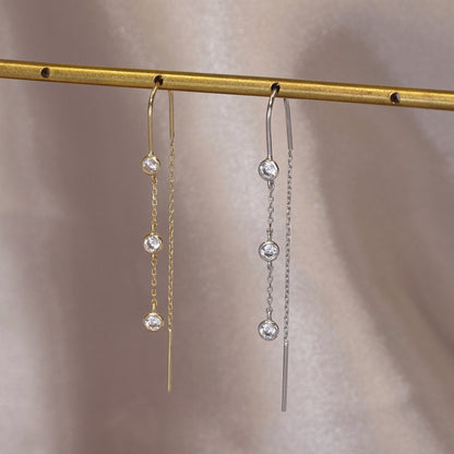 14K Gold Bezel CZ Threader Earrings