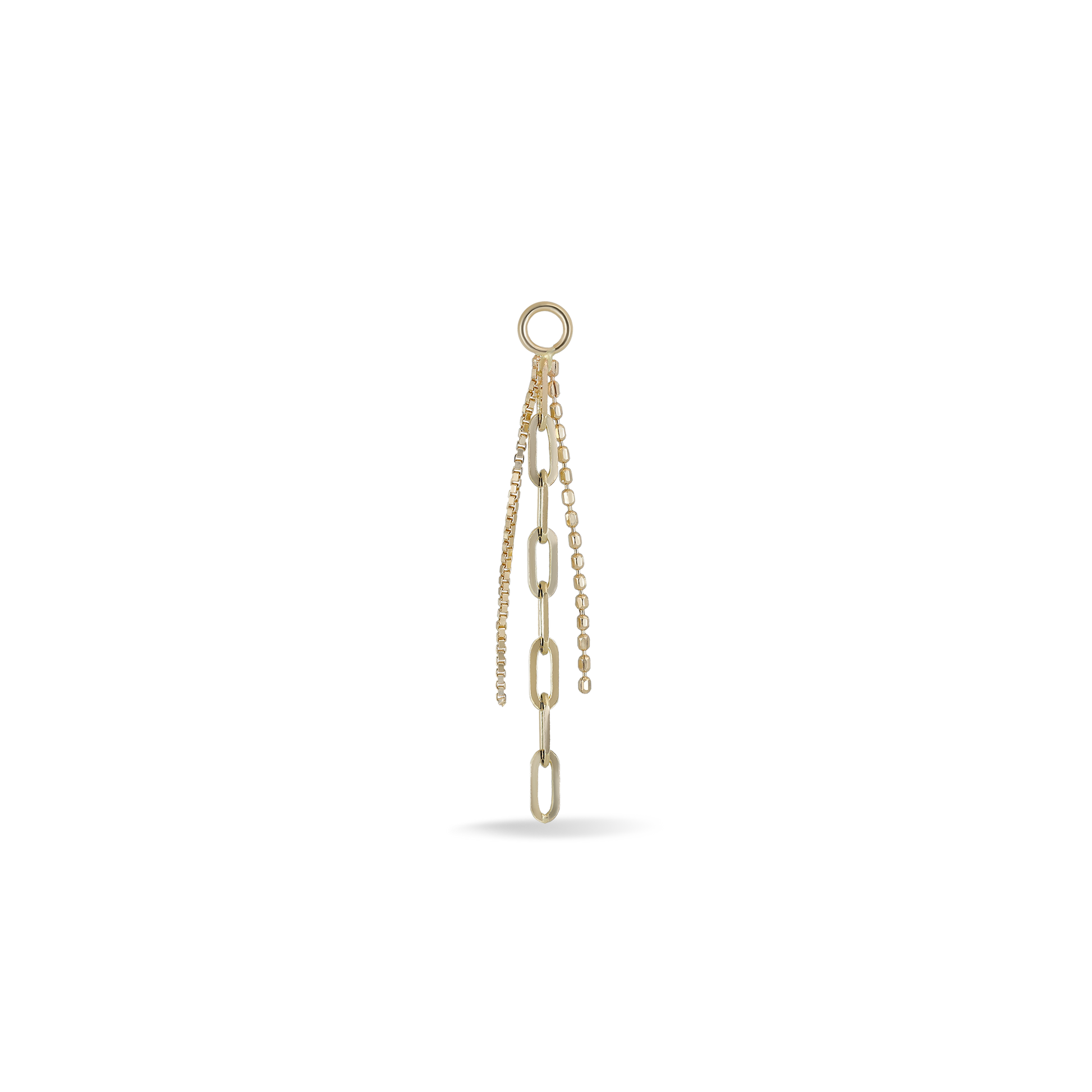 Front view of 14K yellow gold mixed chain charm that comes with clip chain, box chain and ball chain