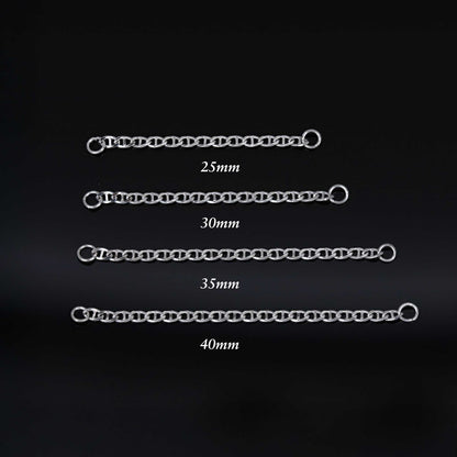 Set of four white gold chain attachments with measurements on a black background