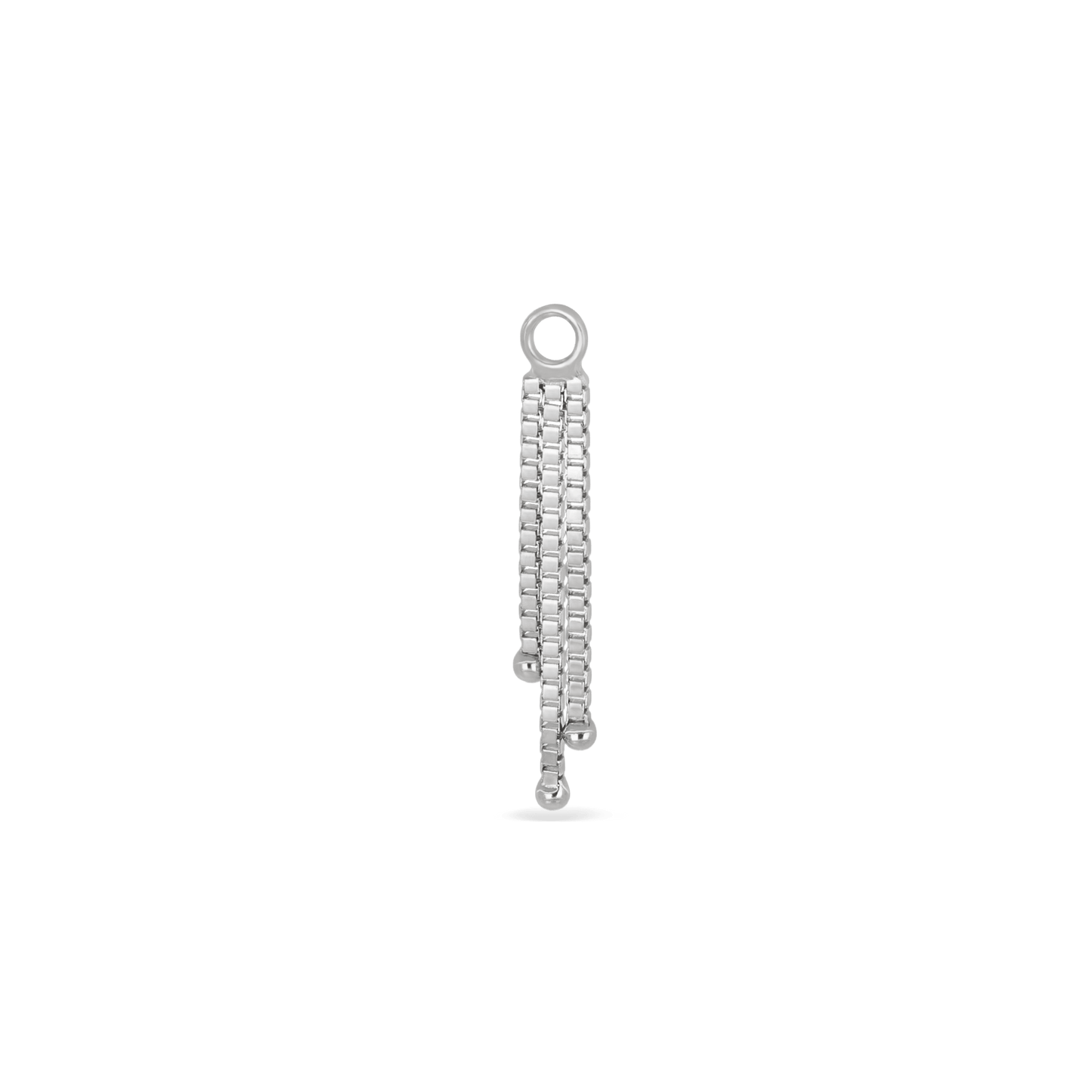 14K white gold three slender box chains finished with polished ball tips charm