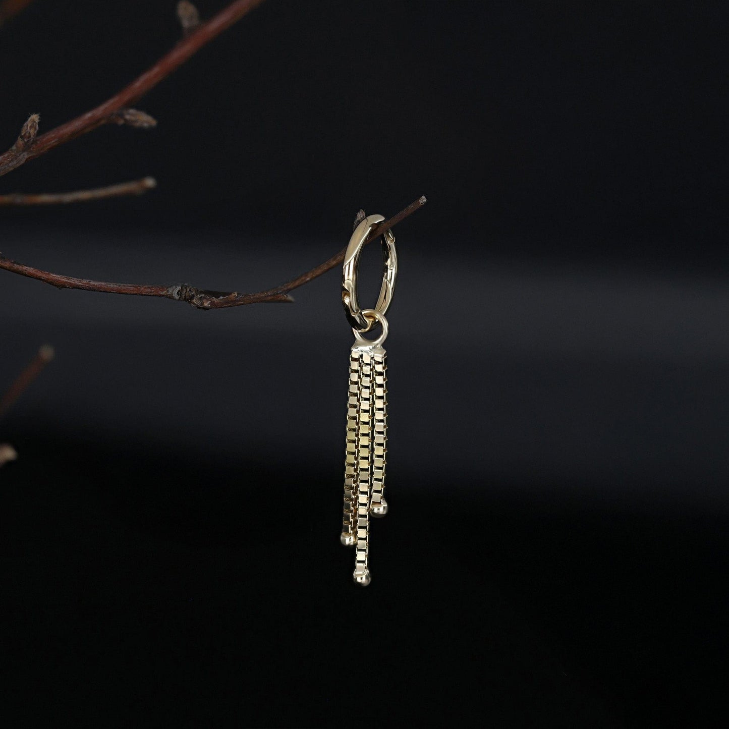 Gold chain charm hanging on a branch with black background